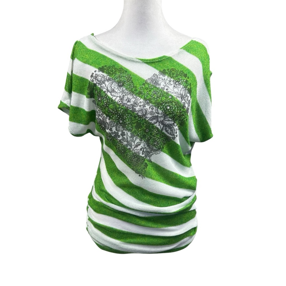 Eien Apparel Y2K Striped Bling Floral Heart Ruched Slit Sleeve Knit Blouse Sz M